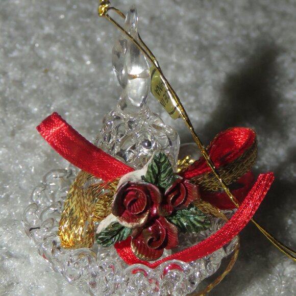 Vintage Clear Glass Holiday Christmas Candle Ornament w/Handle Red Roses Ribbon - Picture 16 of 16